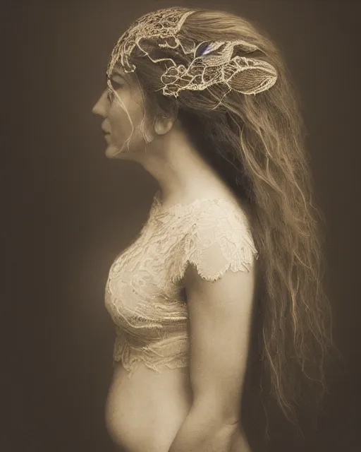 Image similar to a woman's face in profile, long flowing hair entwined in intricate decorative lace leaf skeleton, in the style of the dutch masters and gregory crewdson, dark and moody