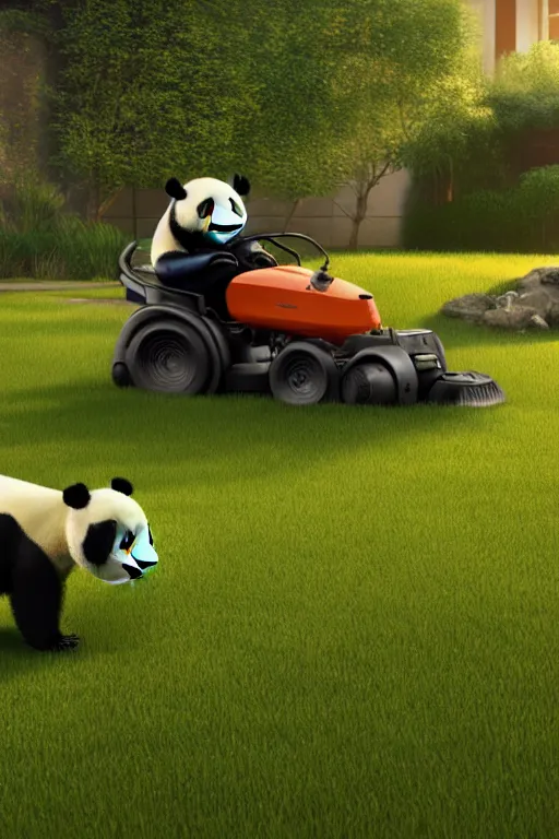 Image similar to a panda is pushing an oldshool lawn mower mowing his lawn, suburban garden, golden hour, cgsociety and beeple highly detailed, cinematic lighting, illustration, art, octane render, unreal engine lumen, very coherent. cinematic, hyper realism, high detail, octane render, 8 k