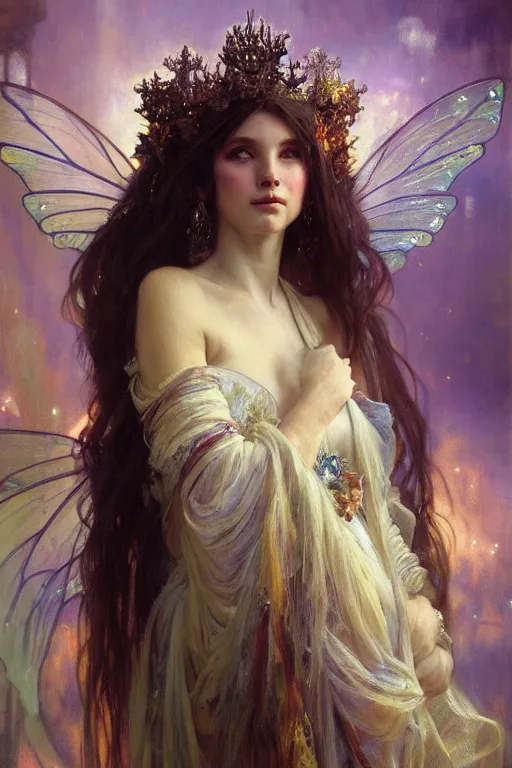 Image similar to hyperrealist portrait of a fairy girl emperorit is decorated with long robes that fall like stars and wears a huge crown. by jeremy mann and alphonse mucha, fantasy art, photo realistic, dynamic lighting, artstation, poster, volumetric lighting, very detailed faces, 4 k, award winning