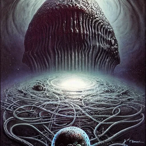 Image similar to outer space with eldritch terror and Cthulhu in the middle of composition, cosmic horror, ultra realistic, highly detailed, HD, sharp focus, cinematic lighting, realistic, art by HR Giger, art by Zdzislaw Beksinski