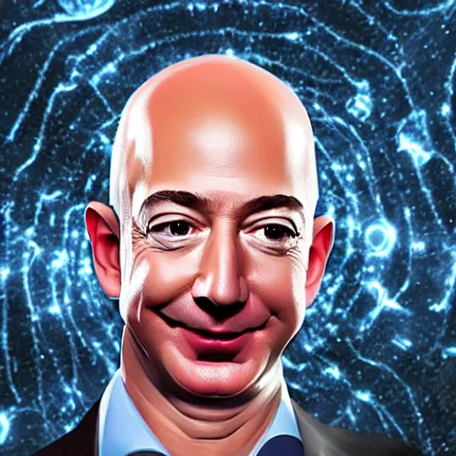 Prompt: Jeff Bezos as a terrifying cosmic horror with a thousand tentacles coming from his eyes and cracks in his head with a cosmic background. Epic digital art