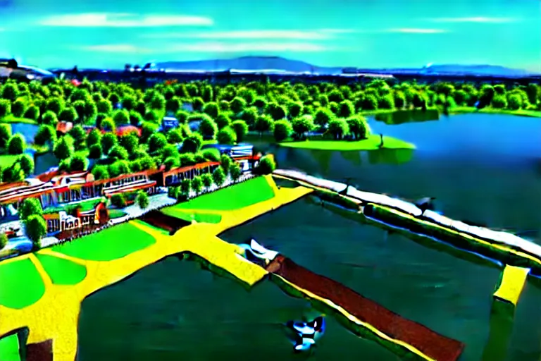 Image similar to bird's eye view photography of a small city. town hall, central farm, monorail station, inlet and shipping dock. hills, woods and pond to the north.