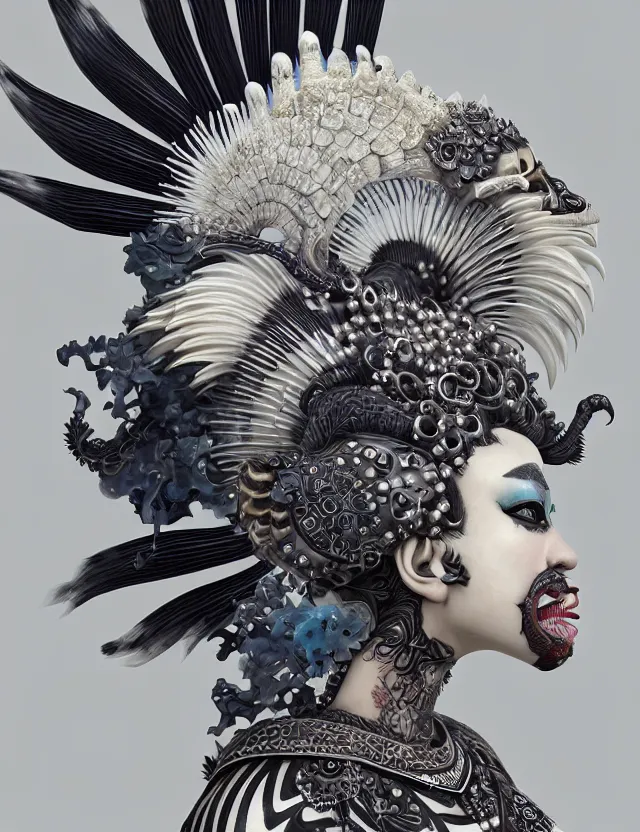 Image similar to 3 d goddess close - up profile portrait punk with mohawk with ram skull. beautiful intricately detailed japanese crow kitsune mask and clasical japanese kimono. betta fish, jellyfish phoenix, bio luminescent, plasma, ice, water, wind, creature, artwork by tooth wu and wlop and beeple and greg rutkowski