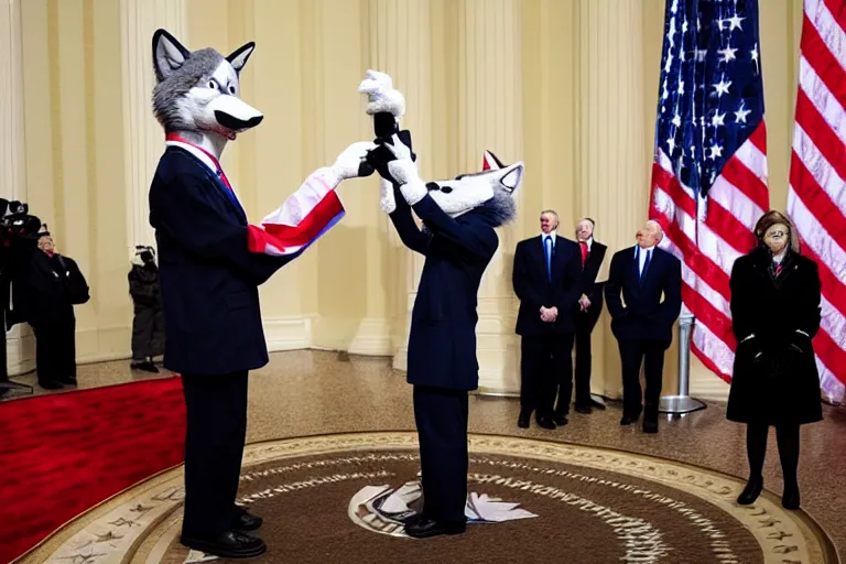 Image similar to photo of the usa presidential inauguration, a wolf fursuiter being inaugurated as president