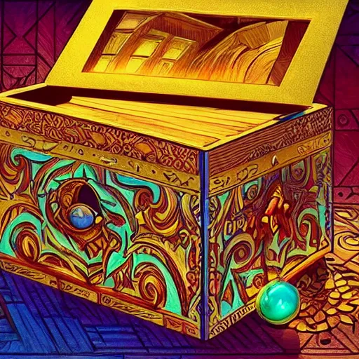 Prompt: a beautiful and vivid and colorful andreas rocha illustration of an engraved, enjeweled wooden pandora's box opening.