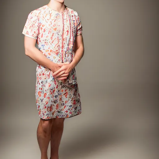 Prompt: A very pretty young male model posing in a summer dress. Studio lighting