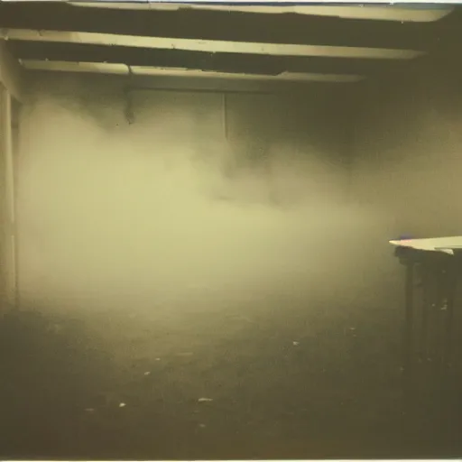 Prompt: polaroid photo of the backrooms covered in mist