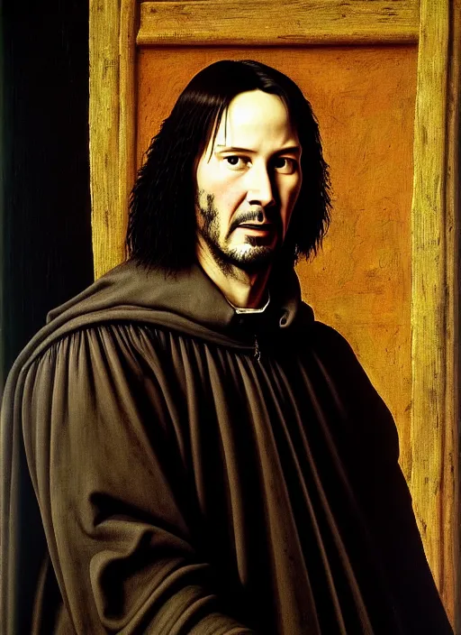 Image similar to portrait of keanu reeves, oil painting by jan van eyck, northern renaissance art, oil on canvas, wet - on - wet technique, realistic, expressive emotions, intricate textures, illusionistic detail