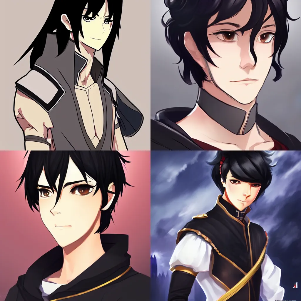 Prompt: portrait of handsome isekai male protagonist royal prince with black hair, trending on Artstation, visually stunning scene