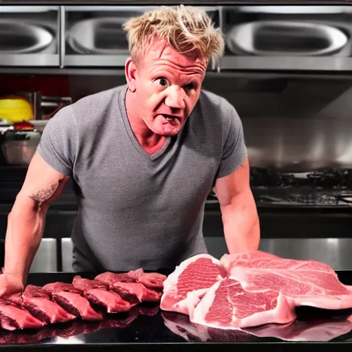 Prompt: Gordon Ramsay yells viciously at raw meet while giving massaging raw meat