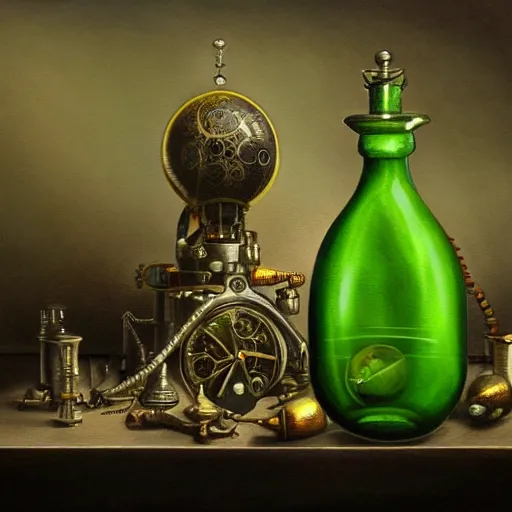 Prompt: a painting of a complex detailed steampunk mechanical lime colored poisonous potion bottle centred on a counter, by h. r. giger, hyperrealistic fantasy art, concept matte, ethereal, dreamy, digital art, trending on artstation, volumetric cinematic lighting