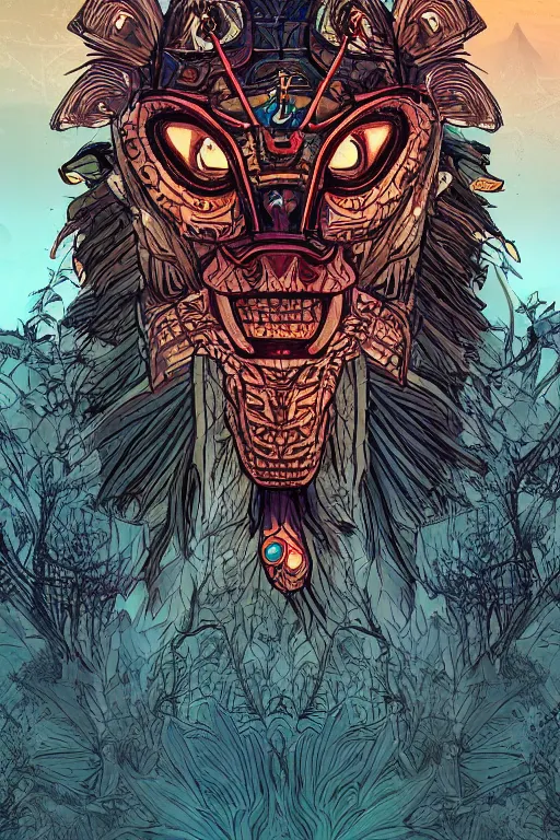 Image similar to totem animal tribal chaman vodoo mask feather gemstone plant global illumination ray tracing hdr that looks like it is from borderlands and by feng zhu and loish and laurie greasley, victo ngai, andreas rocha, john harris