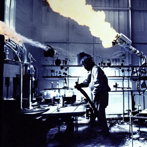 Image similar to Photograph of a laboratory where a scientist with a flamethrower fights off the omega death virus.