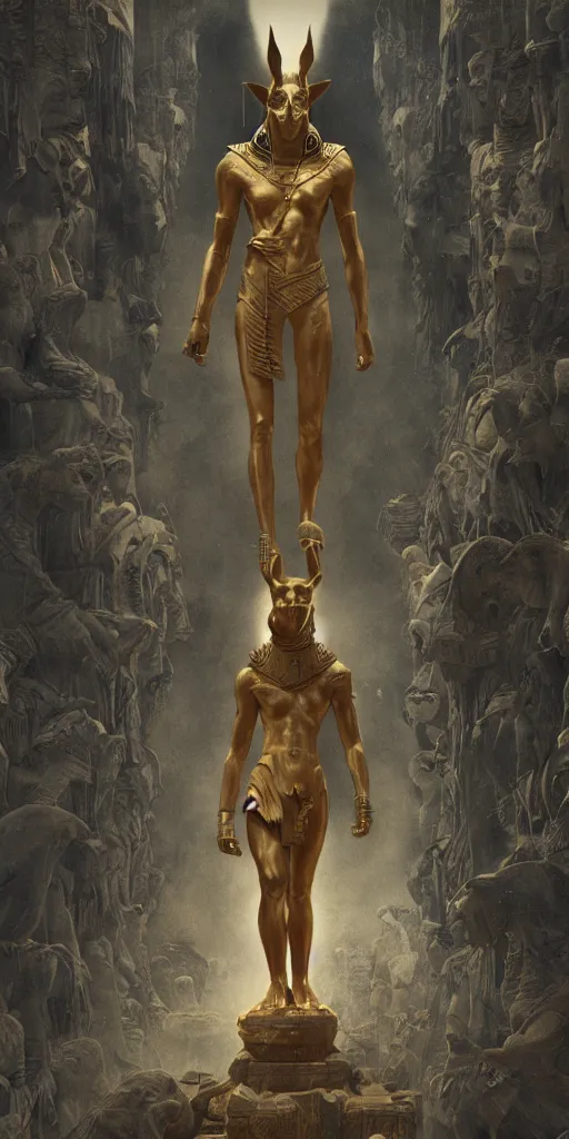 Image similar to Anubis, masterpiece by Edgar Maxence and Ross Tran and Michael Whelan, gustav dore, 8k, octane render