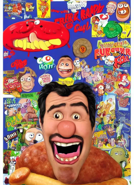 Prompt: hyperrealistic mark ruffalo caricature screaming on a dartboard surrounded by big fat frankfurter sausages with a trippy surrealist mark ruffalo screaming portrait on The Amazing World of Gumball by and norman rockwell and aardman animation, mark ruffalo caricature dartboard with hot dogs, breakfast box mascot, target reticles