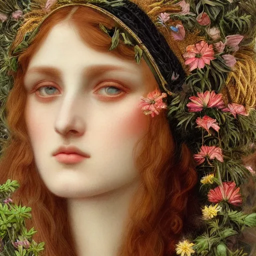 Image similar to Beautiful Pre-Raphaelite goddess of wearing an intricate crow headdress, in the style of John William Godward and Anna Dittman, close-up portrait, porcelain skin, head in focus, flowers and plants, etheric, moody, intricate, mystical,