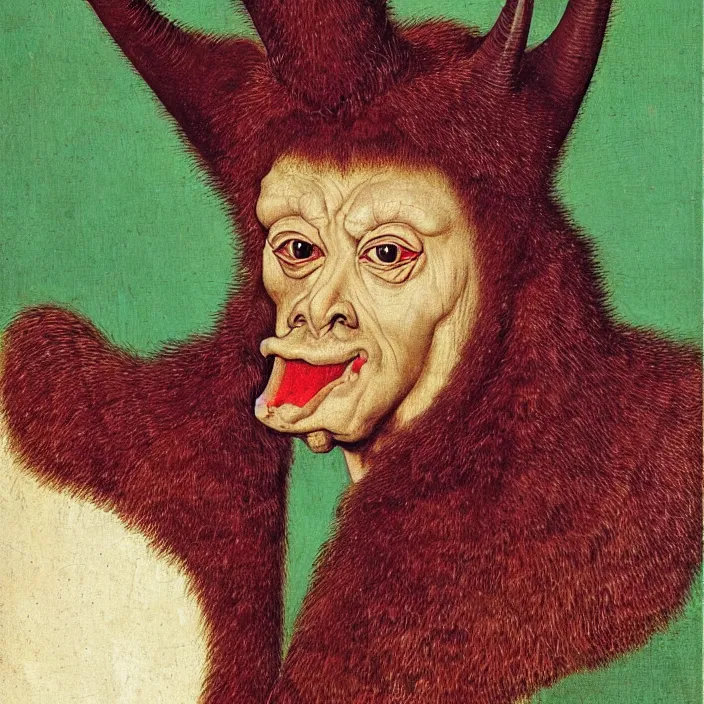 Image similar to close up portrait of an overdressed mutant monster creature with snout, horns, insect wings, unibrow, piercing eyes, toxic smile. jan van eyck, audubon