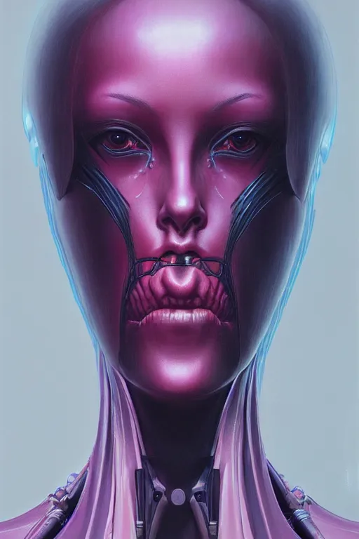 Image similar to portrait of a cyberpunk woman with biomechanichal parts by Wayne Barlowe, hyper detailled, trending on artstation