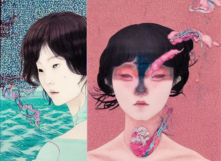 Image similar to lee jin - eun in luxurious dress emerging from pink and turquoise water in salar de uyuni with the ground reflecting the eclipse by takato yamamoto, nicola samuri, conrad roset, m. k. kaluta, martine johanna, rule of thirds, elegant look, beautiful, chic, face anatomy, cute complexion