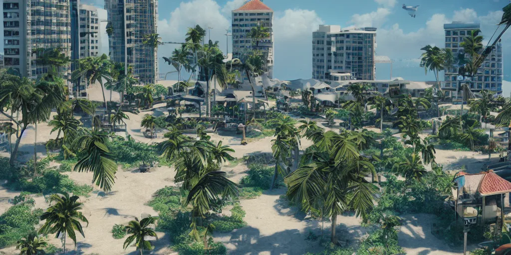 Image similar to scenery of a city in aruba with overgrown, octane render, highly detailed, 8 k, rim lighting, artstation, concept art, sharp focus