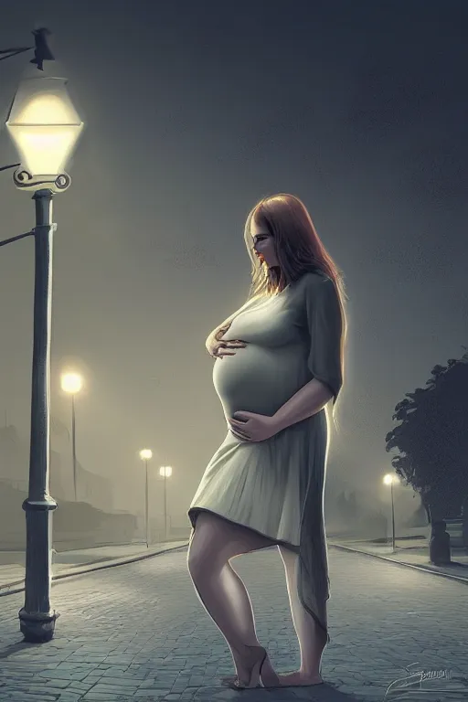 Image similar to pregnant woman under street light, highly detailed, sharp focused, ultra realistic digital concept art by Eugenio Álvarez Dumont