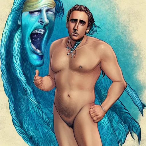 Prompt: a merman swimming through the ocean, long blond hair, with the face of Nicholas Cage, artstation