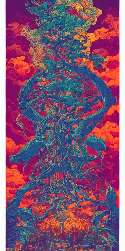 Prompt: five piece rock band poster, pine tree, psychedelic intricate highly detailed symmetrical, cinematic movie screen printing poster colorful and vivid pattern, by Artgerm, Darius Zawadzki, James Jean and Moebius, Artstation trending