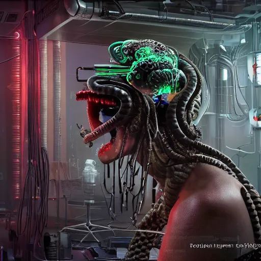 Image similar to the upper torso of a terminator gorgon medusa with borg implants, human face and robotic snakes coming out of her head is hanging from cables and wires off the ceiling of a lab. Her bottom half is missing with cables hanging out. She is taking a sip from a cup of coffee. very detailed 8k. Horror cyberpunk style. Unreal engine 5 render with nanite, path tracing and cinematic post processing. Sharp.