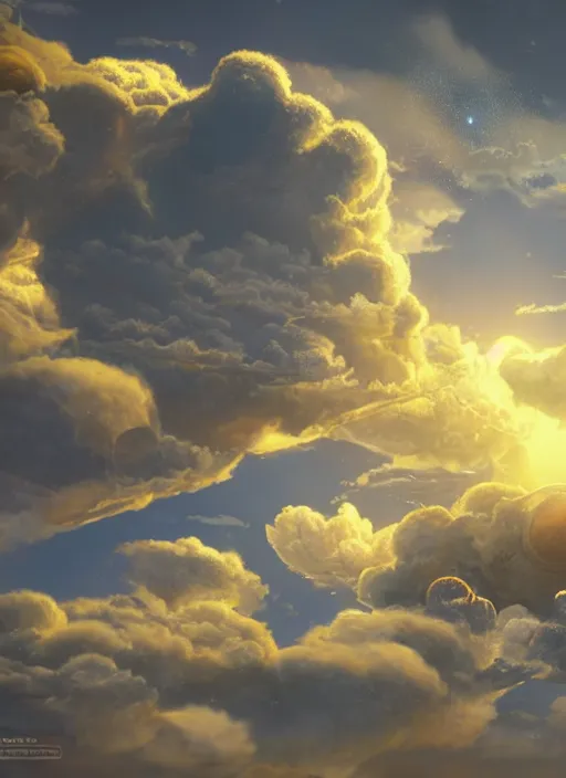 Prompt: spaceship souring through clouds, detailed, high quality, ultra detail, top light, resources background, gold, sunny, puffy clouds, cinematic, concept art