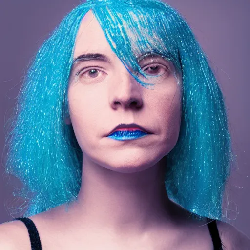 Image similar to A woman with blue hair wearing a crocheted crop-top, photorealistic portrait