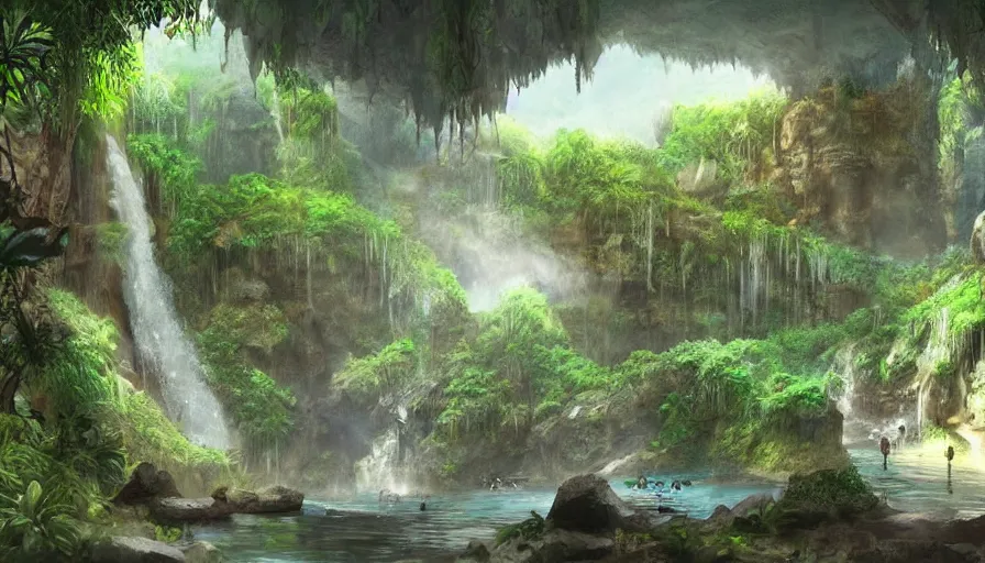 Image similar to concept art of a huge underground jungle cave with waterfalls, lakes, luminescent plants, colorful, high detailed, ultra realistic