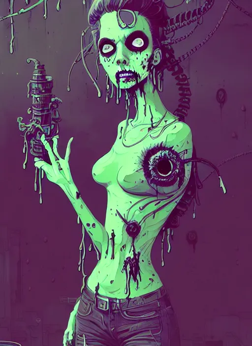 Image similar to highly detailed portrait of an moody wasteland punk long dripping green poison hair tribal zombie lady, stray wiring by atey ghailan, james gilleard, by joe fenton, by greg rutkowski, by greg tocchini, by kaethe butcher, 4 k resolution, gradient purple, brown black and white color scheme!!! ( ( green flaming robotic sewer background ) )