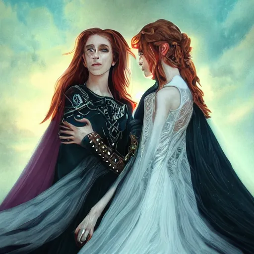 Prompt: a beautiful and detailed illustration of a lesbian wedding between emma watson as an evil pyromancer and scarlet johansson as a red mage, dark eyeliner, highly detailed, digital painting, unholy union, white church background, god rays, volumetric lighting, octane render, 4 k resolution, trending on artstation, masterpiece, in a luminist baroque style