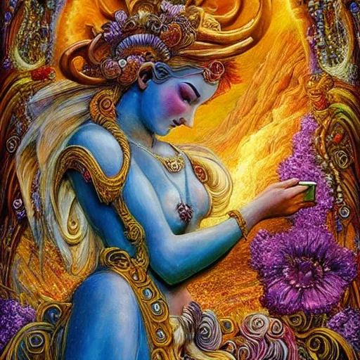 Image similar to goddess by josephine wall, goddess riding ram, flying ram, golden ram, goddess checking her phone, erupting volcano in distance, flowers in foreground, sun setting on right side of image, stars in sky on left side of image, trending on artstation, fantasy, intricately detailed