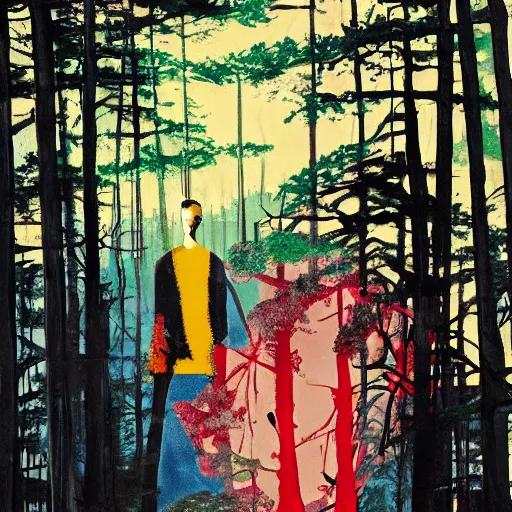 Prompt: a painting of a man and a woman in a forest at midnight, a silk screen by julian schnabel, behance, midnight hour, modern european ink painting, photoillustration, impressionism, multiple exposure, artstation