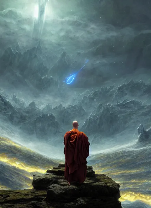 Image similar to a cosmic monk in lord of the rings scenery landscape, looking at a huge futuristic spacecraft hovering in the sky, highly detailed, vivid color, cinematic lighting, perfect composition, 8 k, gustave dore, derek zabrocki, greg rutkowski, belsinski, octane render