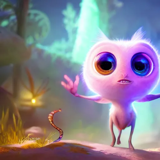 Image similar to adorable glowing creature, trending on artstation, cute, big eyes, matte painting, concept art, pixar, disney, highly detailed, cinematic composition, unreal engine, 3 d rendered in octane