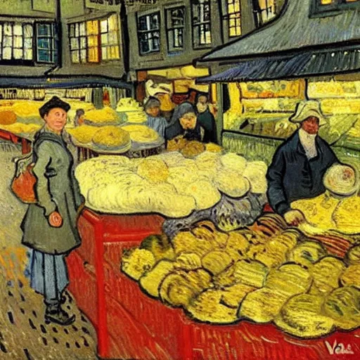 Prompt: Alkmaar cheese market by Van Gogh