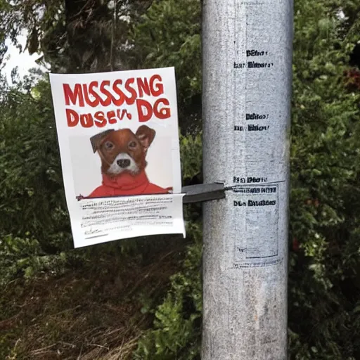 Prompt: missing dog poster stapled to telephone pole