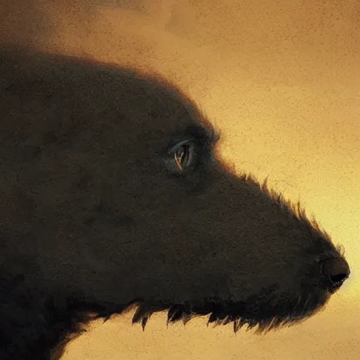 Image similar to the side view of the head of a dog, a little terrier, inside the silhouette shadow of a side view of the head of a huge dragon, beautiful fantasy painting by greg rutkowski