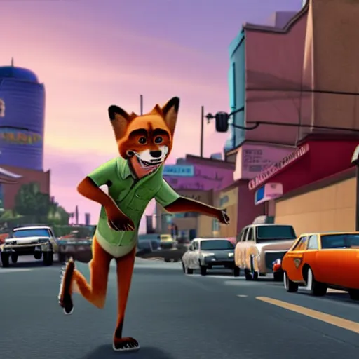 Image similar to Grand Theft Auto: San Andreas loading screen featuring Nick Wilde (from Zootopia)