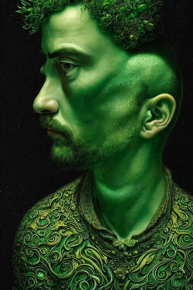 Image similar to bizarre green galckloght detailed renaissance portrait of mario as a highly detailed realistic real life person, dramatic cinematic lighting, 8 k, beautiful intricate painting by james r eads and tomasz alen kopera