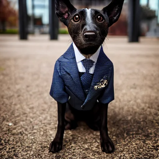 Image similar to high detail shot of a dog wearing a suit, realism 8k