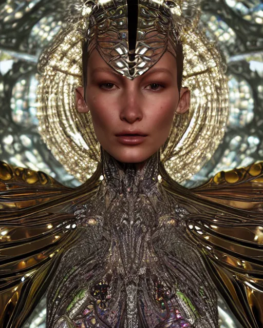 Image similar to a highly detailed metahuman 4 k close up render of an alien goddess bella hadid as alien in iris van herpen dress schiaparelli in diamonds crystals swarovski and jewelry in style of alphonse mucha gustav klimt trending on artstation made in unreal engine 4