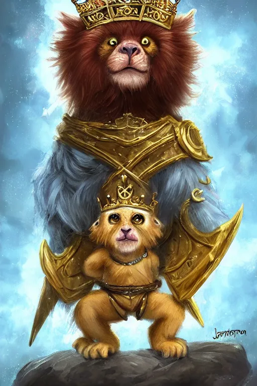 Image similar to cute anthropomorphic Golden lion tamarin knight wearing a cape and a crown, tiny, small, miniature bear, baby animal, short, pale blue armor, cute and adorable, pretty, beautiful, DnD character art portrait, matte fantasy painting, DeviantArt Artstation, by Jason Felix by Steve Argyle by Tyler Jacobson by Peter Mohrbacher, cinematic lighting