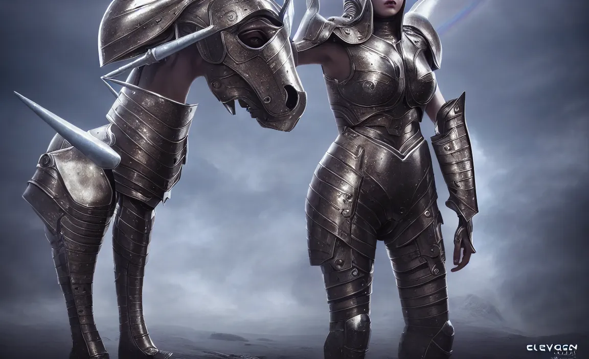 Image similar to epic portrait of female alien unicorn in plate armour by cleavanger and elvgren epic awesome symmetrical octane vfx maya render realistic