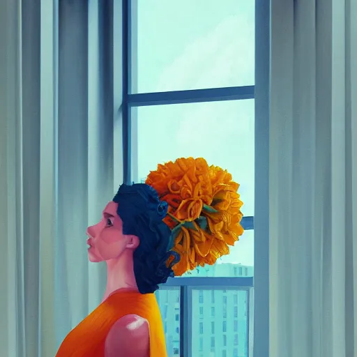 Image similar to closeup, giant flower head, woman next to modern windows, luxury apartment, surreal photography, dramatic light, impressionist painting, digital painting, artstation, james gilleard