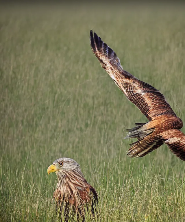 Image similar to realistic, photograph of a red kite bird standing in a field, 4 k, hd, nature photography, telephoto, wildlife photography