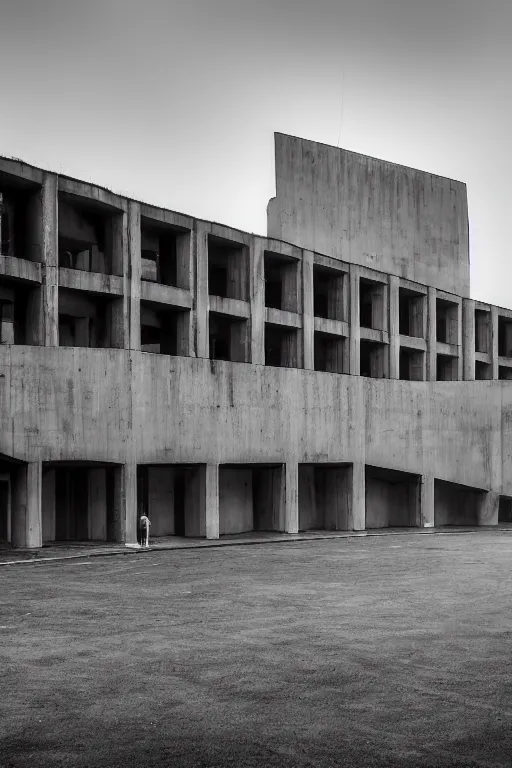 Image similar to a photograph of the russian secret service headquarters, on a misty morning. Brutalist architecture, concrete and steel. Highly detailed. Wide angle photography.