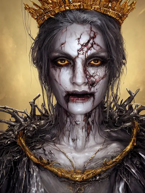 Prompt: portrait art of 8k ultra realistic undead witch queen,detailed gold crown, decaying, cybernetic, full of colour, cinematic lighting, battered, trending on artstation, 4k, hyperrealistic, focused, extreme details,unreal engine 5, cinematic, masterpiece, art by ayami kojima, giger